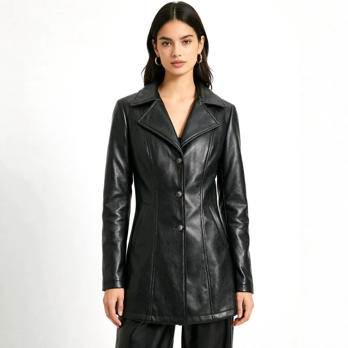 Women's tailored faux leather coat with lapel collar and decorative stitching Chichicherry
