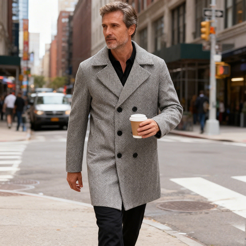 Men's Double-Breasted Herringbone Wool Blend Car Coat with Tailored Fit and Quilted Thermal Lining Chichicherry