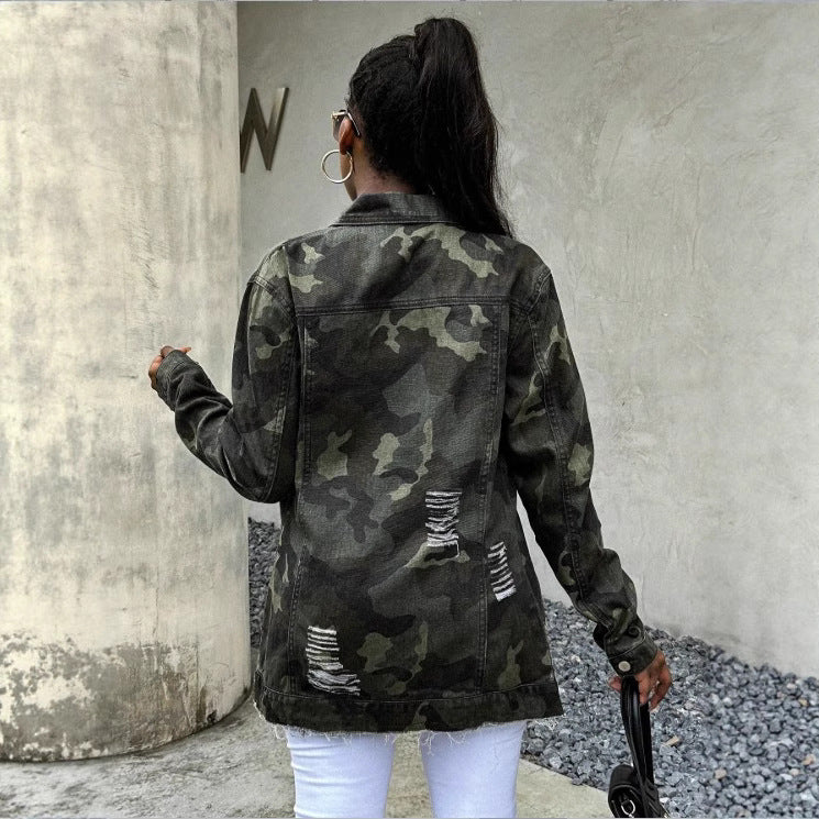 Women Oversize Camouflage Denim Jacket in Extended Cut with Frayed Hem Chichicherry