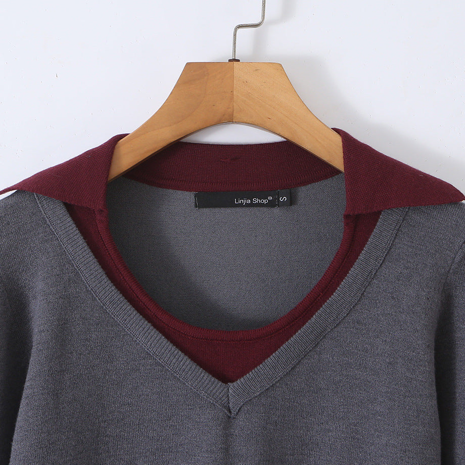 Women’s Two-Piece Fine Knit Set with V-Neck, Contrasting Collar and Pleated Mini Skirt Chichicherry