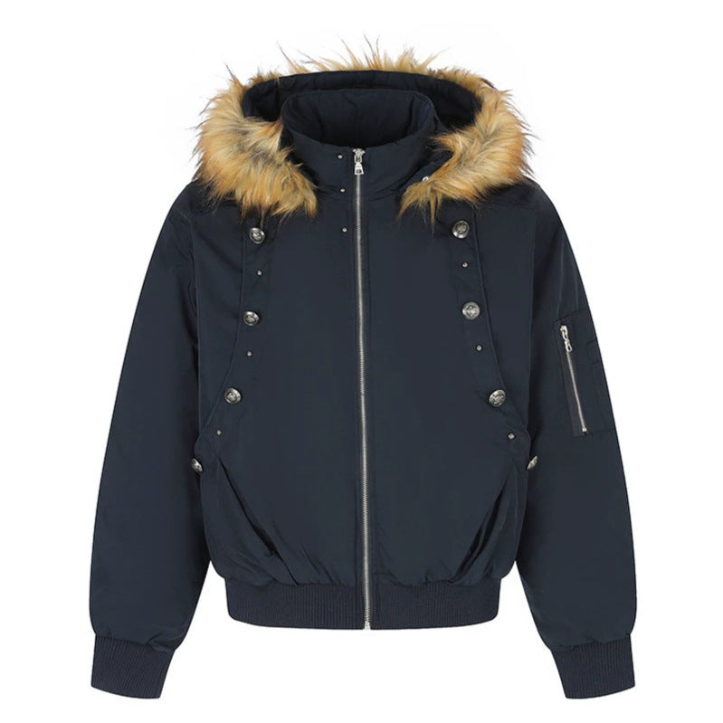 Women's short-cut bomber jacket with faux fur hood and eyelet application Chichicherry
