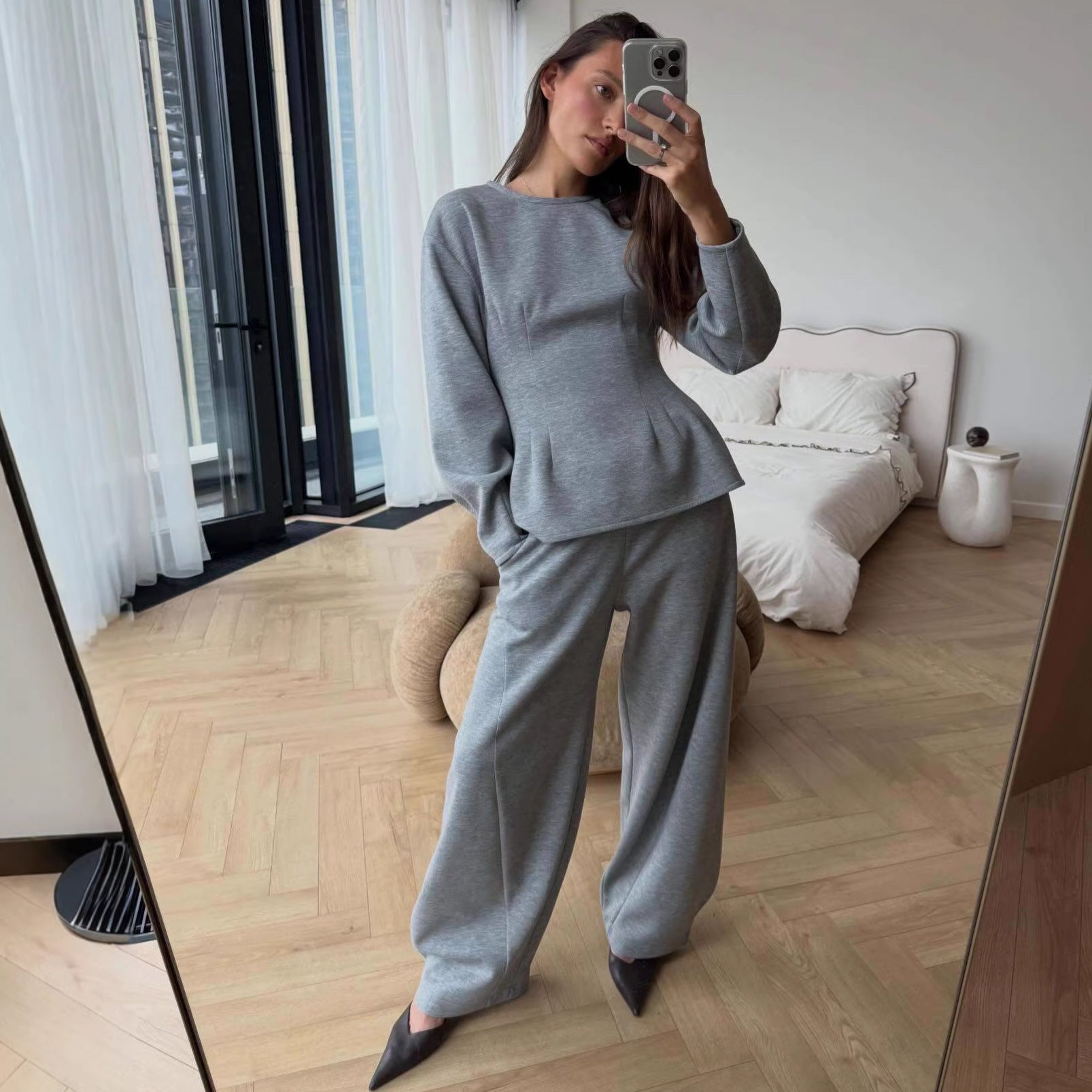 Women's Tailored Peplum Top with Wiener Seams and Wide Lounge Pants Set Chichicherry