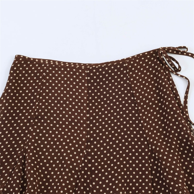 Women's Flowing A-Line Midi Skirt with Polka Dot Print and Tie Bow Chichicherry
