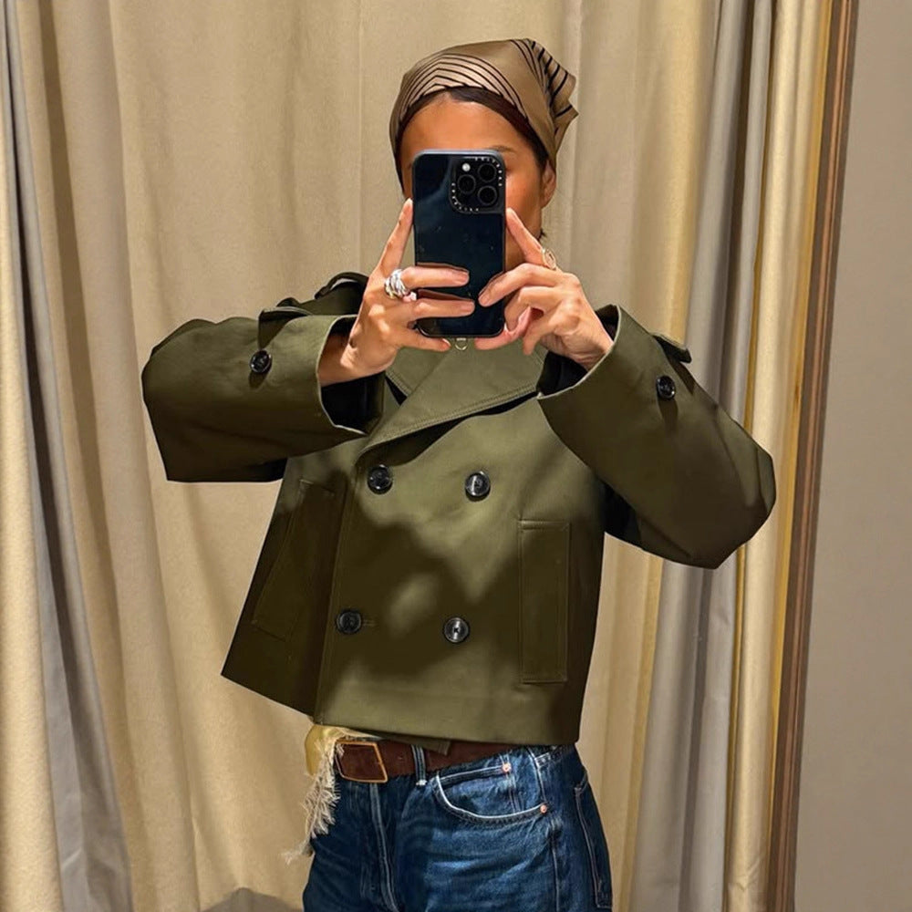 Women's Cropped Double-Breasted Trench Coat with Boxy Silhouette and Patch Pockets Chichicherry