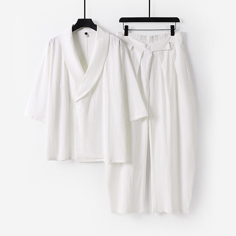 Women's Two-Piece Kimono Loungewear Set with Shawl Collar Short Sleeve Top and High-Waisted Pleated Pants Chichicherry