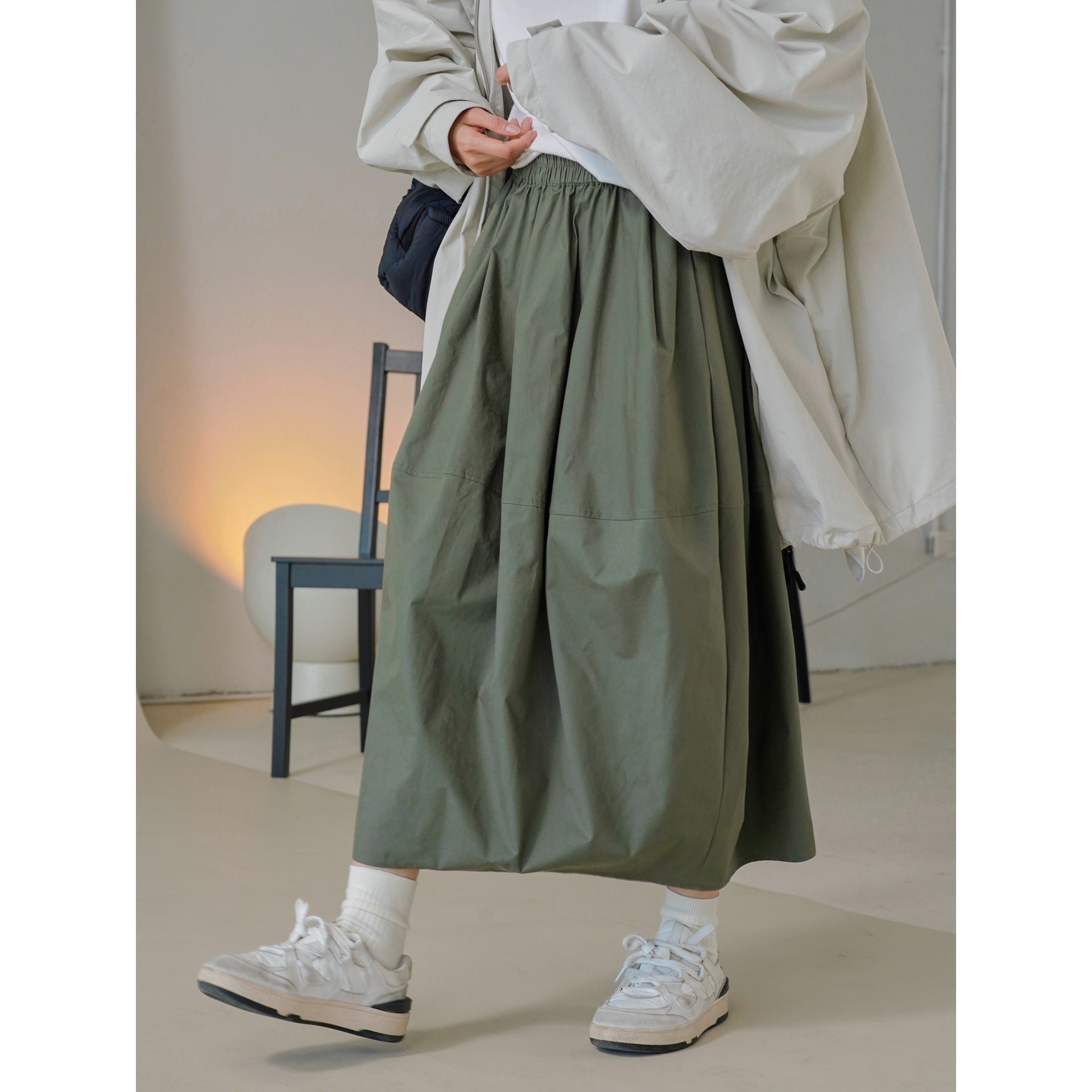 Women's Wide Flared High-Waist Midi Skirt made of Cotton Twill with Elastic Waistband Chichicherry