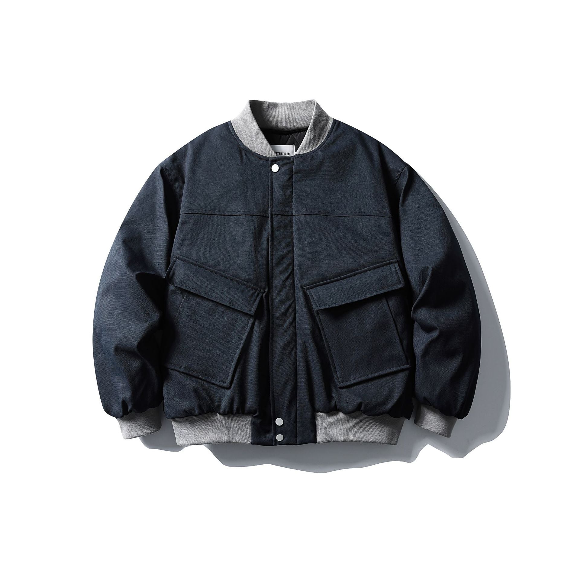 Unisex Short Boxy Quilted Bomber Jacket in Utility Look with Ribbed Collar Chichicherry
