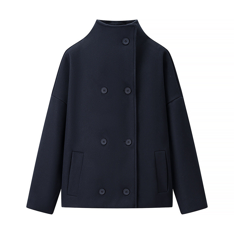 Women's Boxy Wool Blend Caban Jacket with Stand Collar and Dropped Shoulders Chichicherry