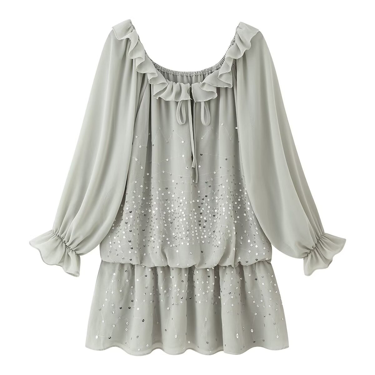 Women's Romantic Ruffle Chiffon Mini Dress with Sequin Trim Chichicherry