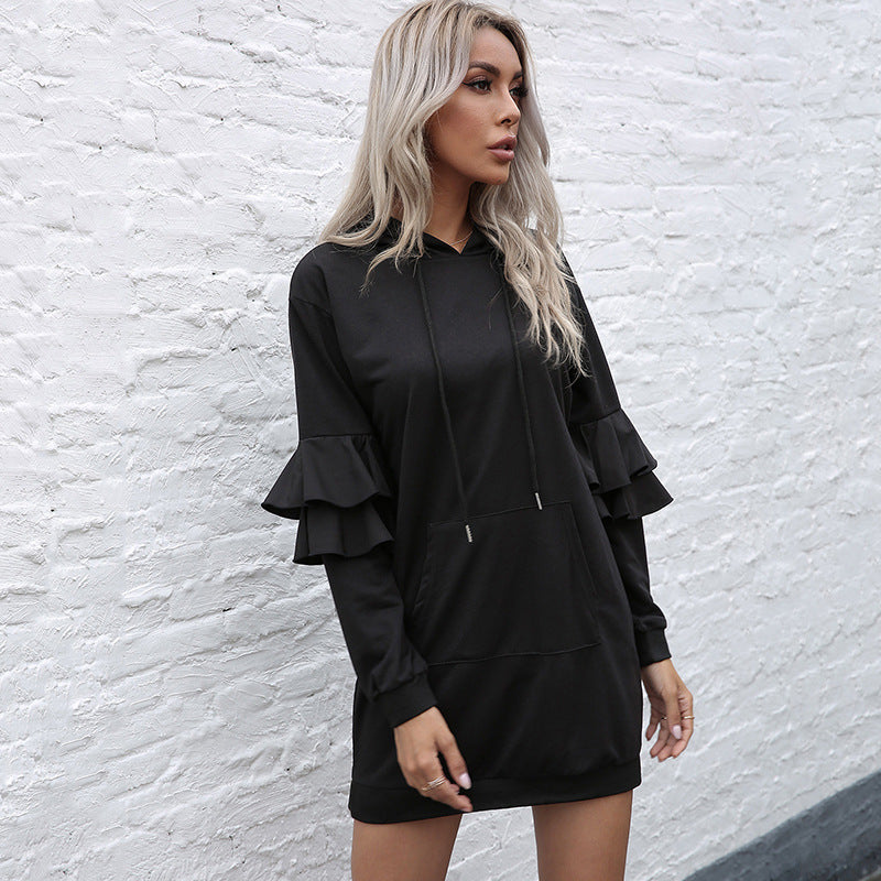 Women Oversize Hooded Dress with Two-Tier Ruffled Sleeves and Side Pocket Chichicherry