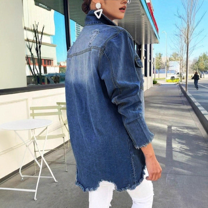 Women's Oversized Denim Jacket with Destroyed Details, Fringed Hem and Concealed Button Placket Chichicherry