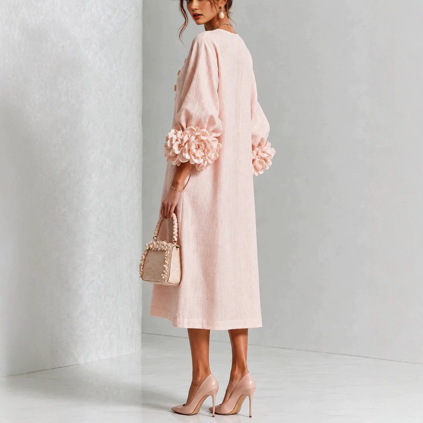 Women's midi dress in linen look with balloon sleeves and 3D flower cuffs Chichicherry