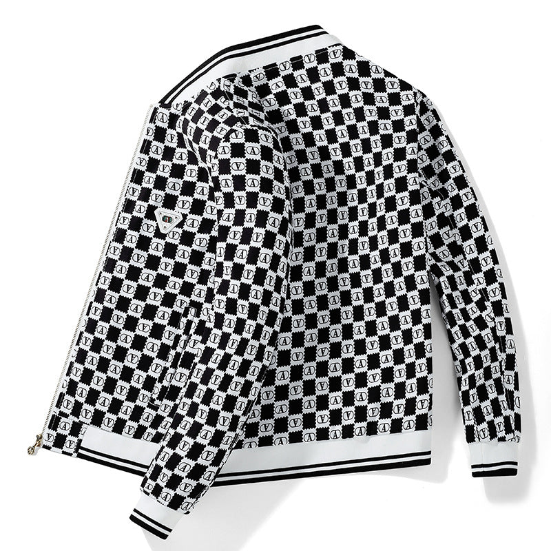 Men's Printed Bomber Jacket in Retro-Inspired Logo Pattern with Ribbed Cuffs Chichicherry