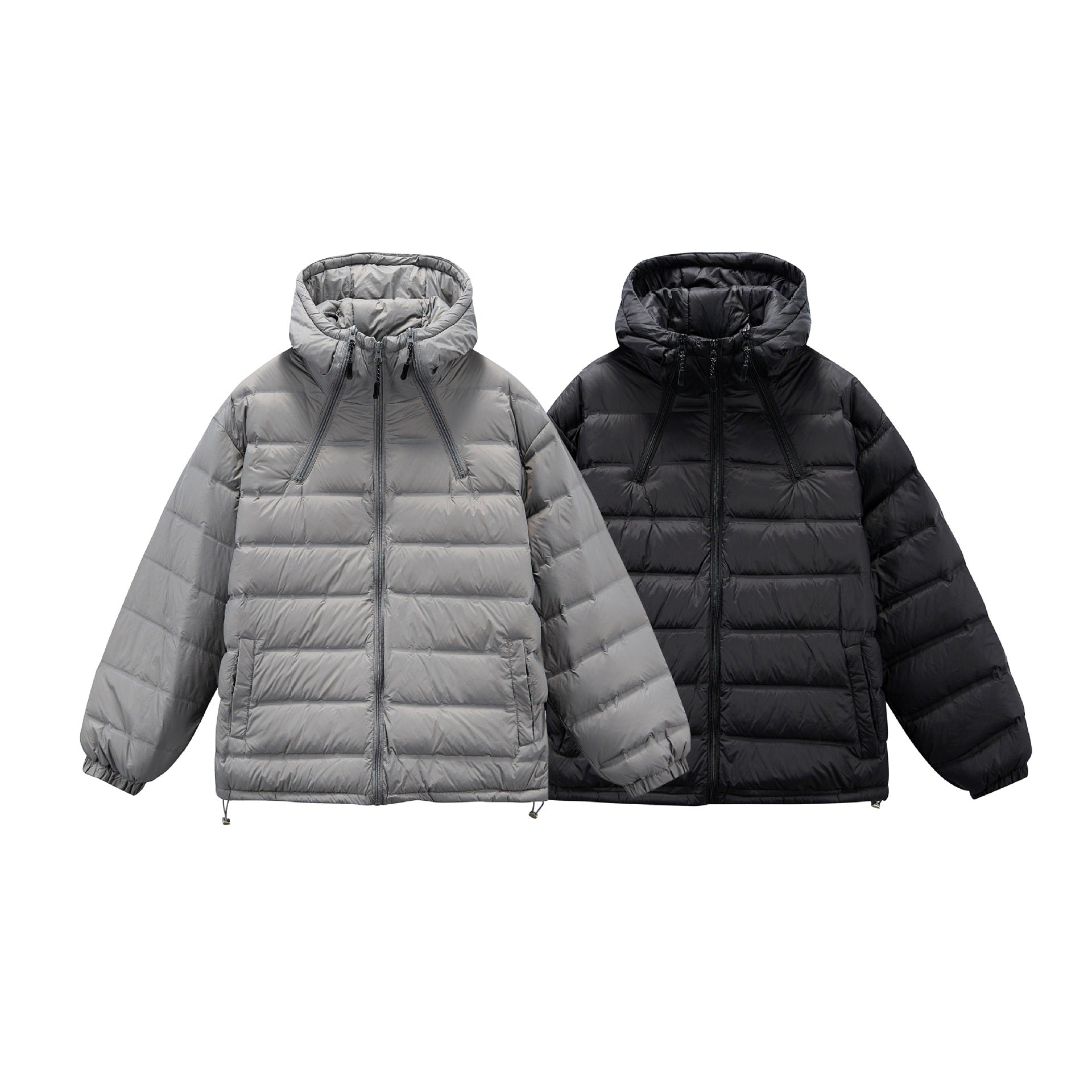 Men's Boxy Puffer Jacket with high stand-up hood, double front zipper and drawstring