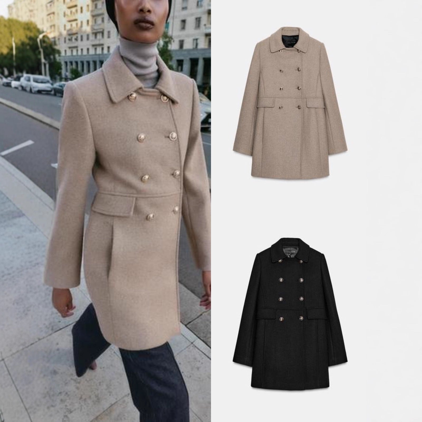 Women Double-breasted Wool Coat with Flared Pleated Skirt and Golden Decorative Buttons Chichicherry