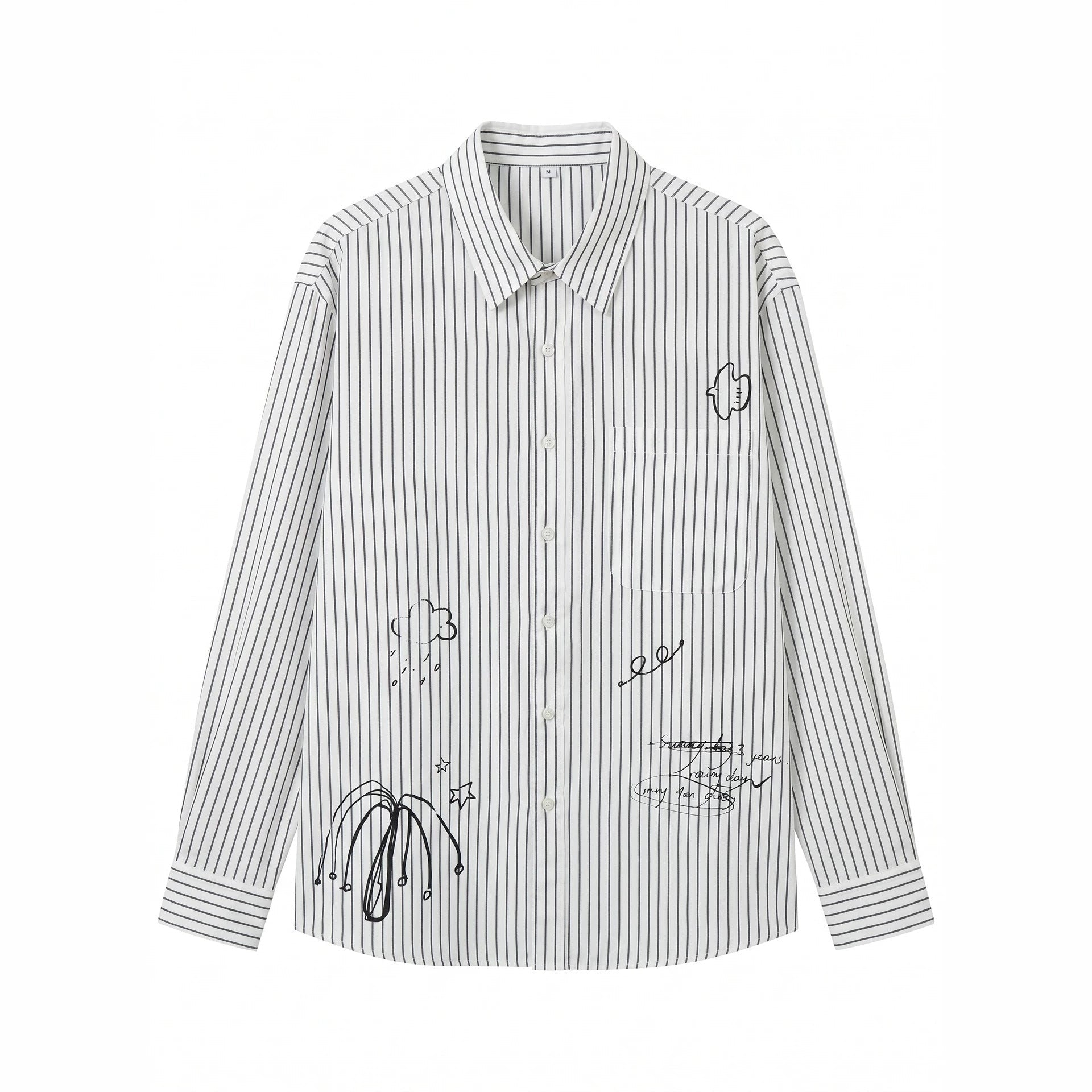 Women's oversized shirt blouse made of cotton blend with pinstripes, chest pocket, and doodle print Chichicherry