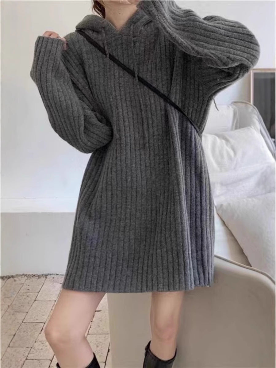 Women's knit hoodie dress with ribbed texture and oversized silhouette Chichicherry