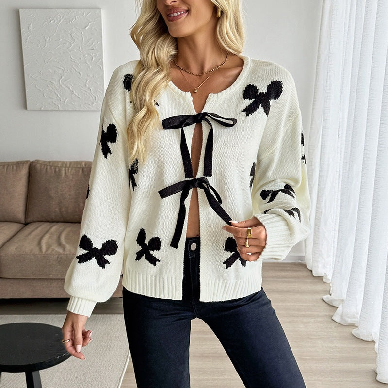 Women's knit cardigan with bow appliqué and tie bands Chichicherry
