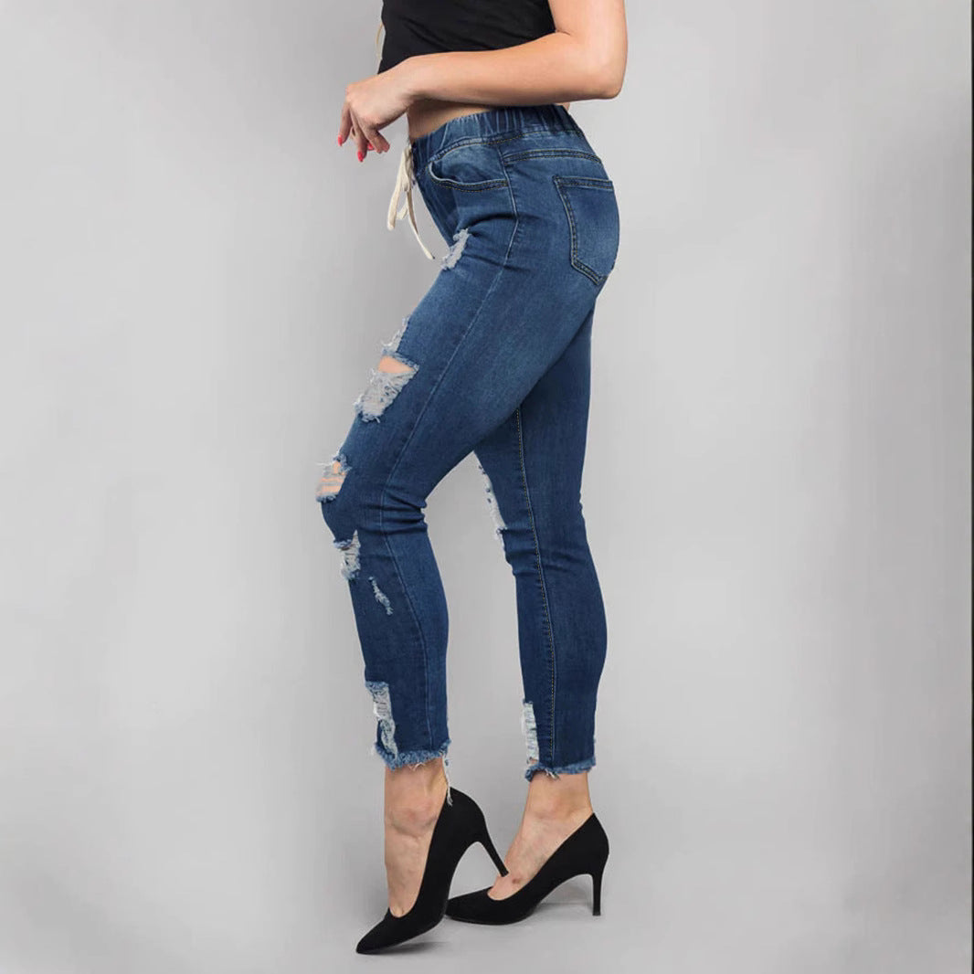 Women High-Waisted Destroyed Jogger Jeans with Elastic Drawstring Waistband and Cropped Frayed Hem Chichicherry