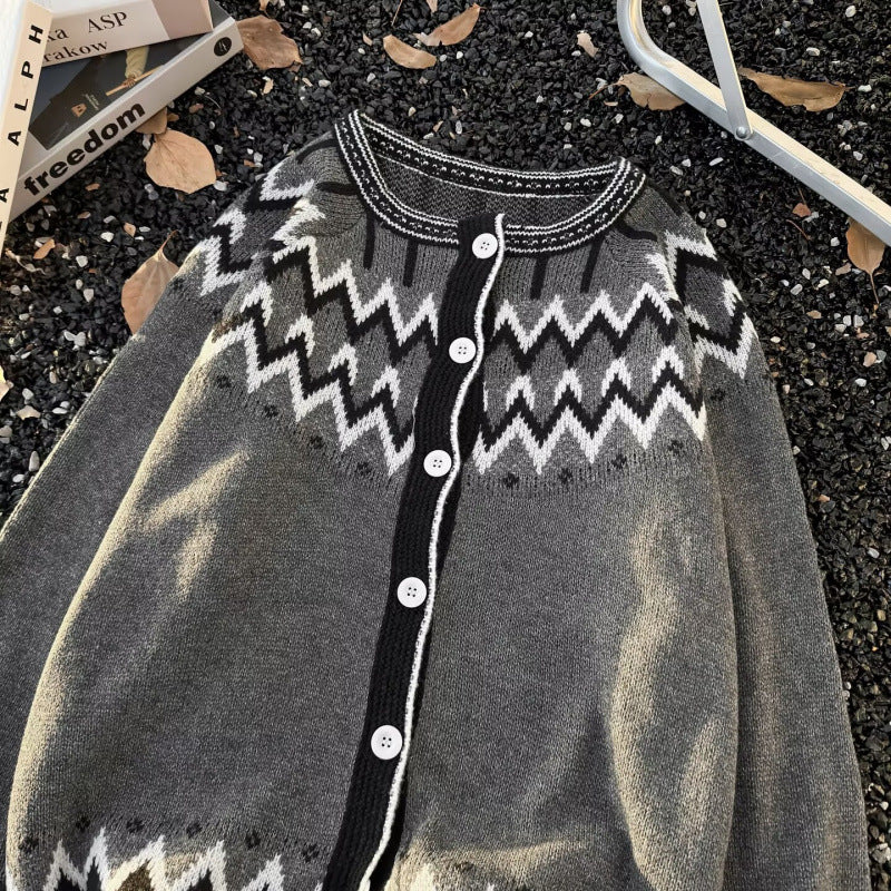 Damen Norweger-Cardigan im Oversize-Schnitt mit Rundhalsausschnitt und Kontrastknopfleiste Chichicherry