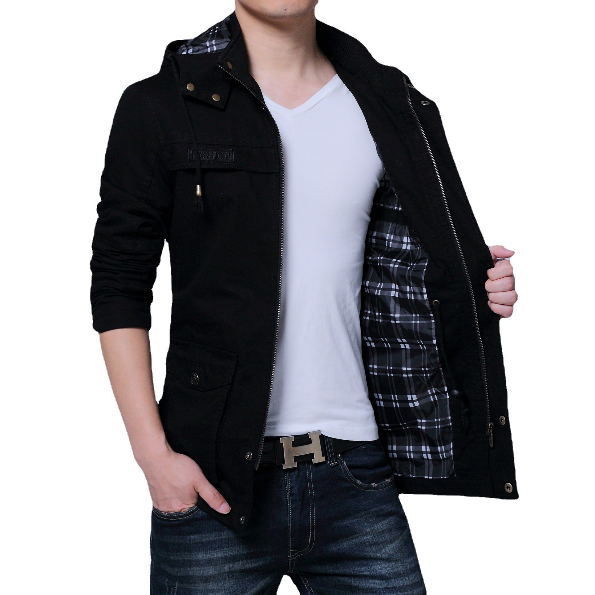 Men's Utility Canvas Jacket with Hood, Zip Front and Multiple Pockets Chichicherry