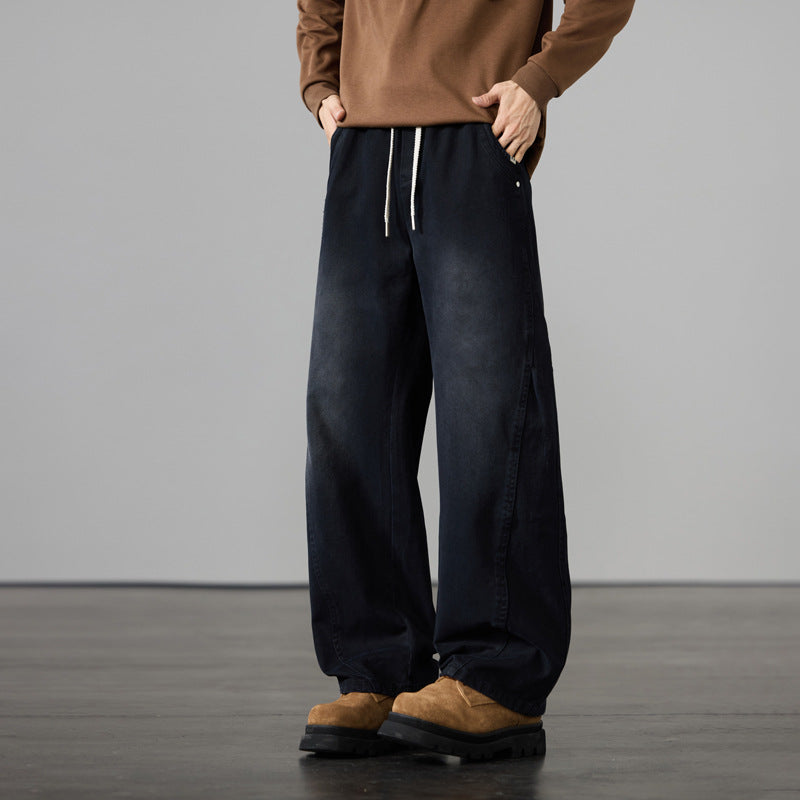 Men's Wide Cotton Drawstring Pants in Vintage Wash Look Chichicherry