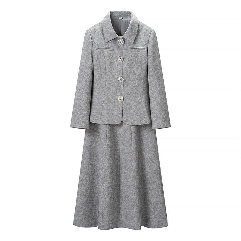 Women Two-Piece Suit made of Wool Blend with Tailored Short Blazer and Flared Midi Skirt Chichicherry