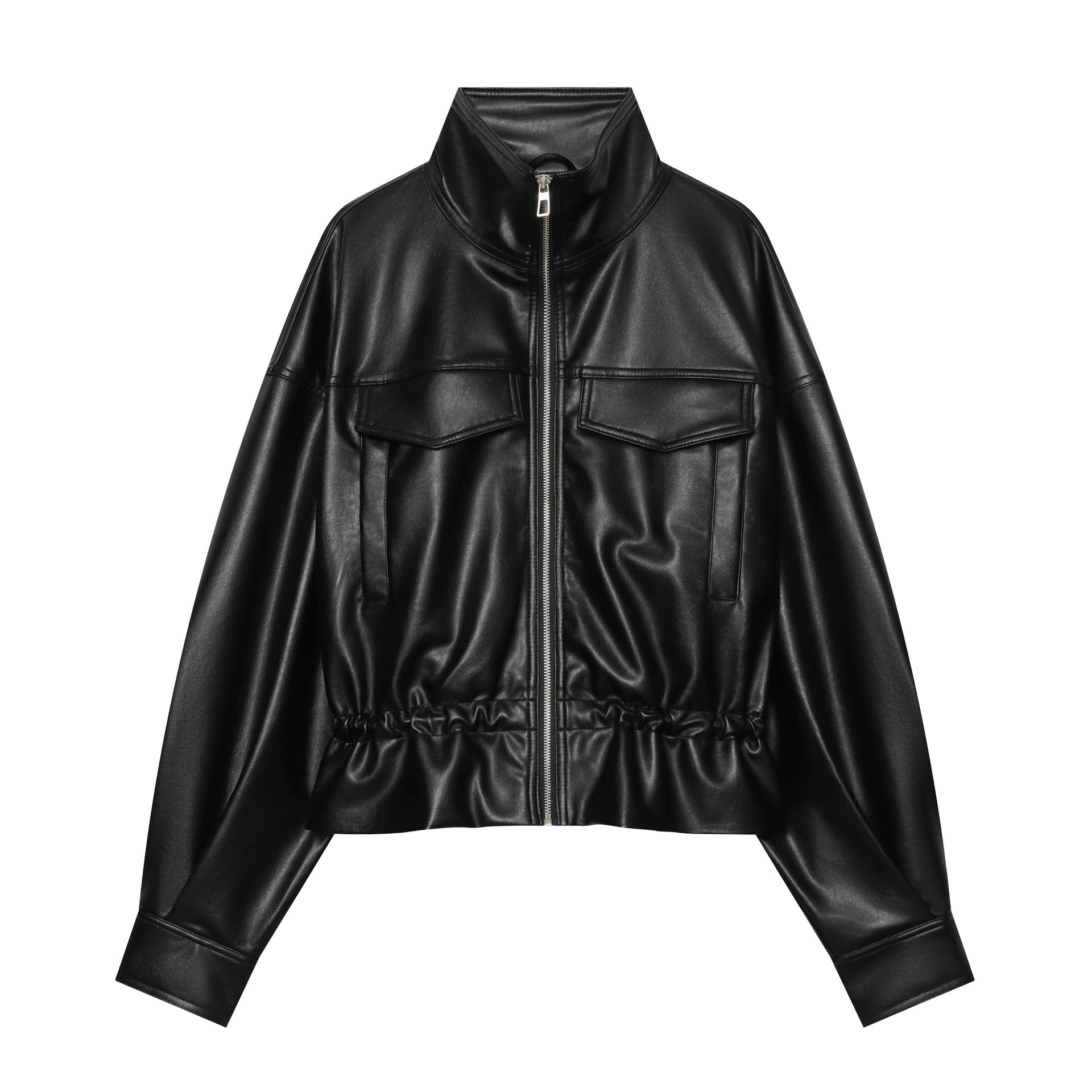 Women's Cropped Faux Leather Blouson with Drawstring, Patch Flap Pockets and High Stand Collar Chichicherry