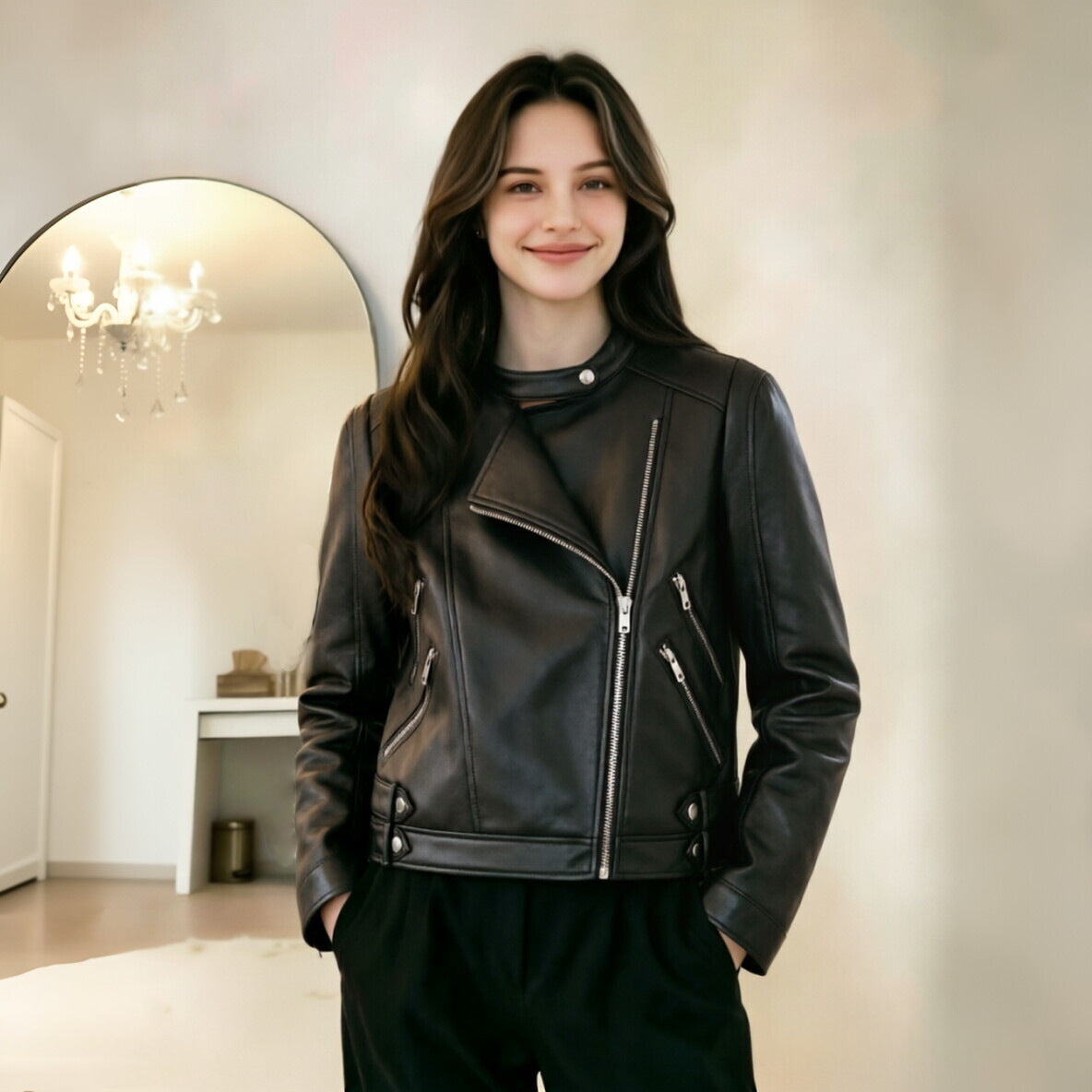 Women's motorcycle biker jacket made of faux leather with stand-up collar, asymmetric zipper, and decorative pleats Chichicherry