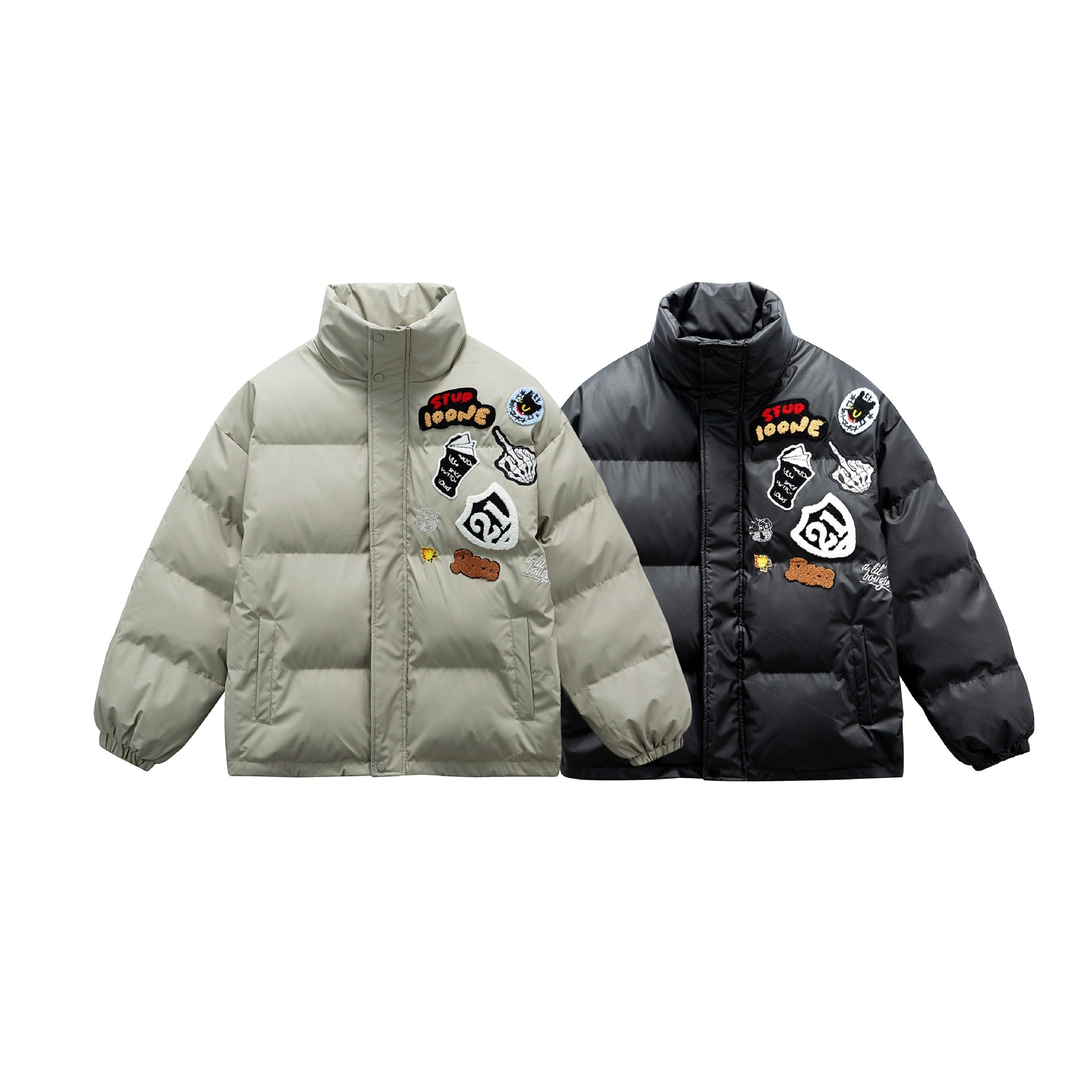 Unisex Boxy padded oversized puffer jacket with stand-up collar and statement patch details Chichicherry