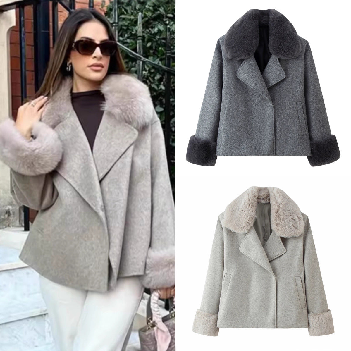 Women Short Wool Blend Coat with Removable Faux Fur Collar and Cuffs Chichicherry