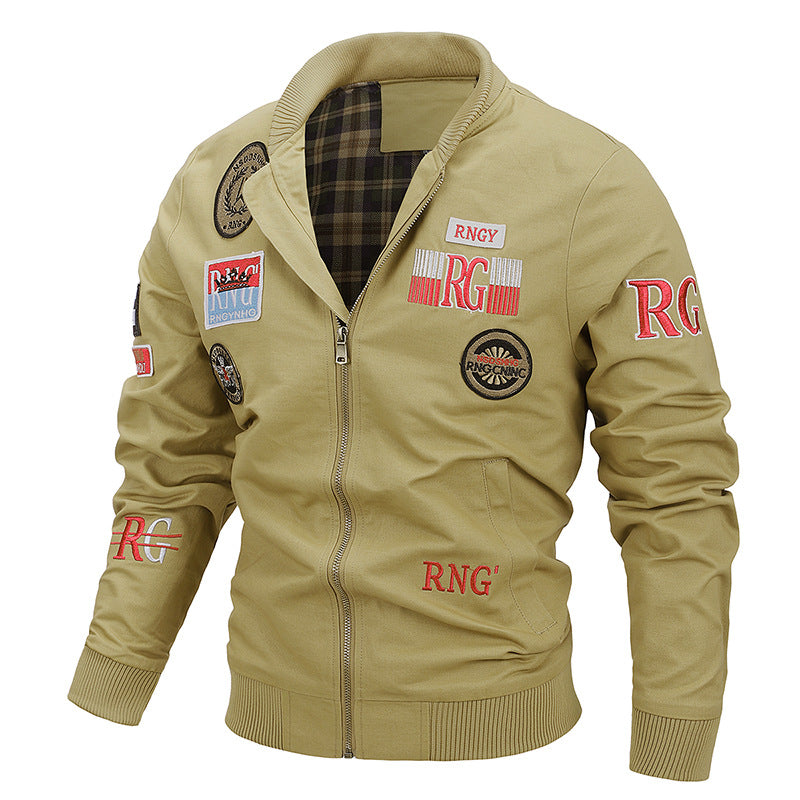 Men's Canvas Bomber Jacket with Vintage Patch Details and Ribbed Cuffs Chichicherry