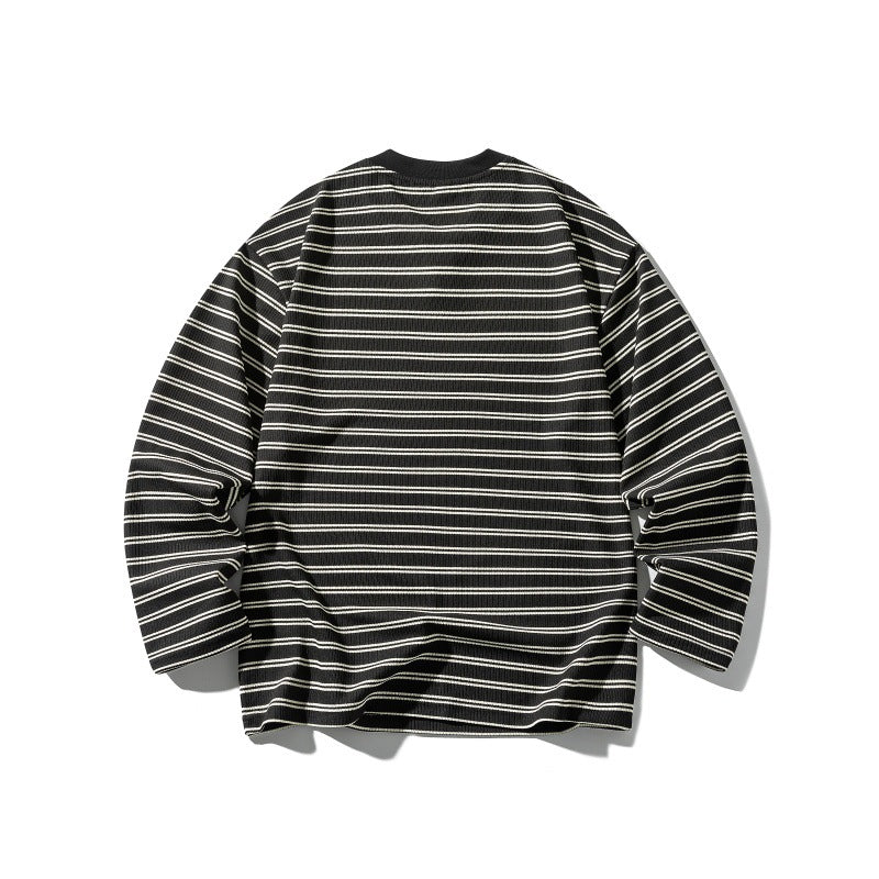 Unisex Striped Textured Long Sleeve with Notch V-Neck and Ribbed Structure Chichicherry