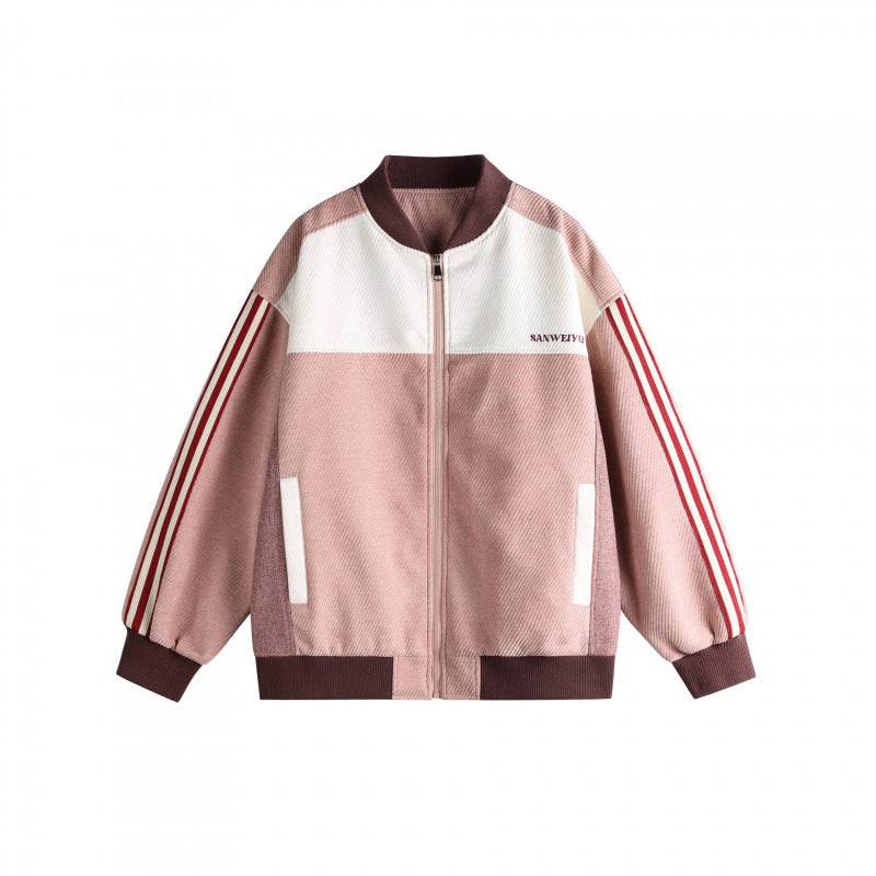 Unisex Short Cut Boxy Bomber Jacket in Sportline Style with Full Zip, Contrasting Stripe Sleeves and Ribbed Cuffs Chichicherry