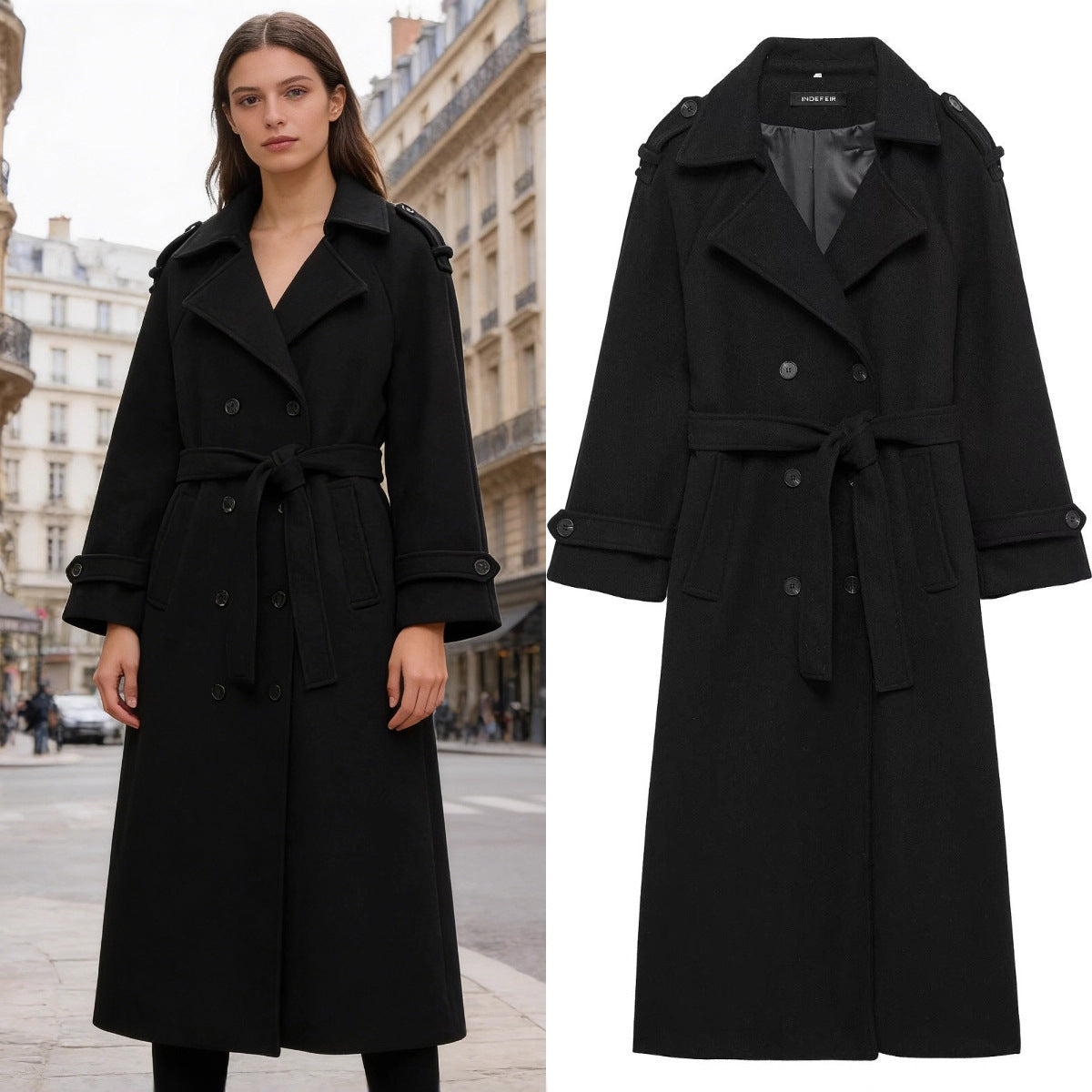 Women's Long Double-Breasted Wool Coat with Waist Belt and Epaulettes Chichicherry