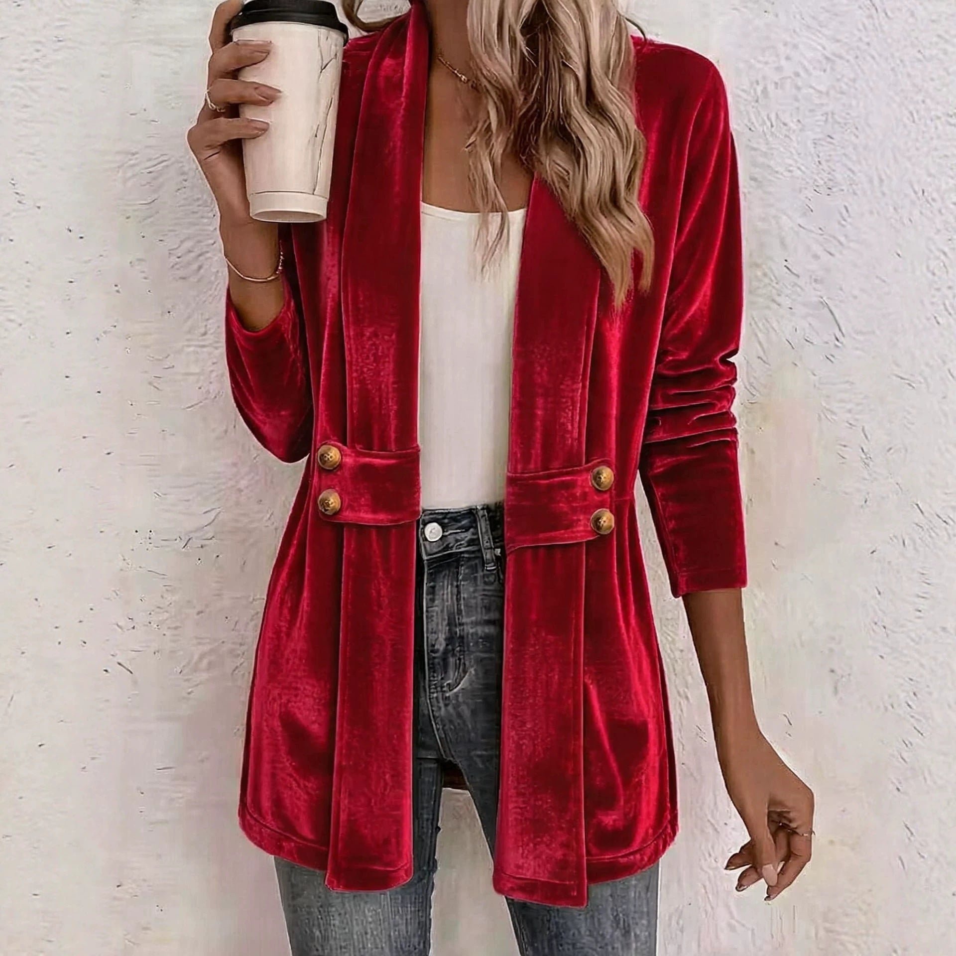 Women Velvet Long Blazer with Shawl Collar and Decorative Button Placket Chichicherry