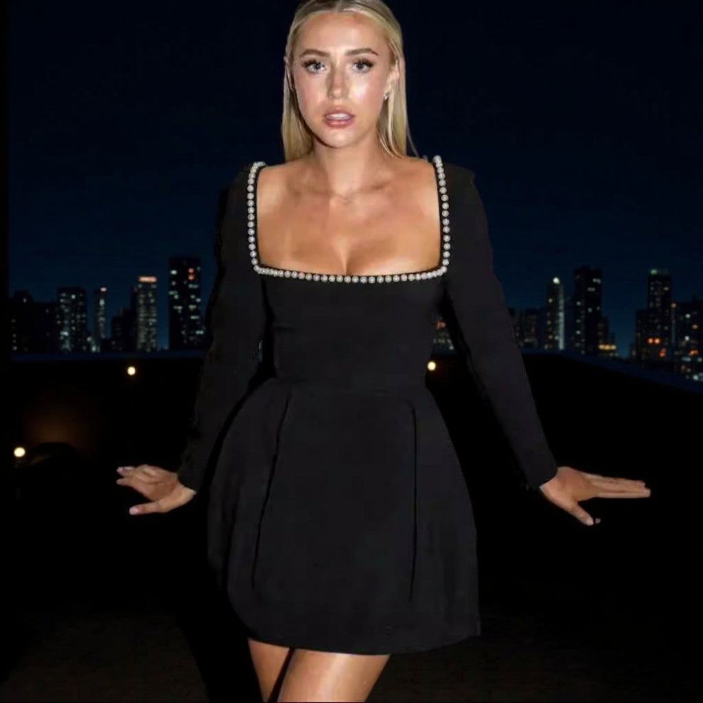 Women Figure-Hugging A-Line Mini Dress with Square Neckline, Long Sleeves and Beaded Detail Chichicherry