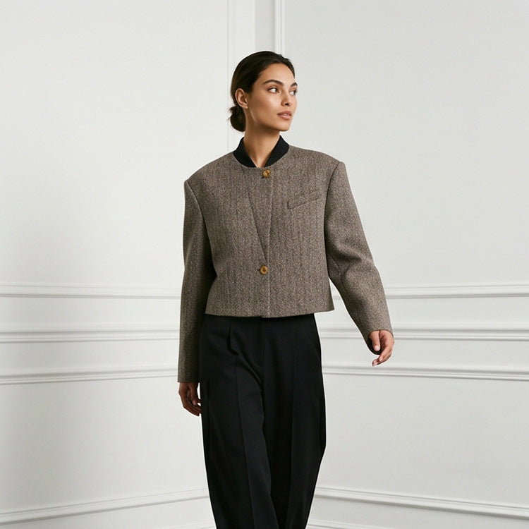Ladies Short Cut Wool Blazer with Stand-up Collar and Herringbone Pattern Chichicherry