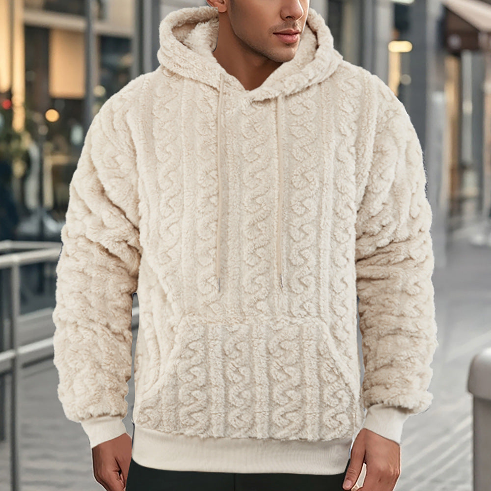 Men's fluffy sherpa hoodie with cable knit pattern, kangaroo pocket and ribbed cuffs Chichicherry