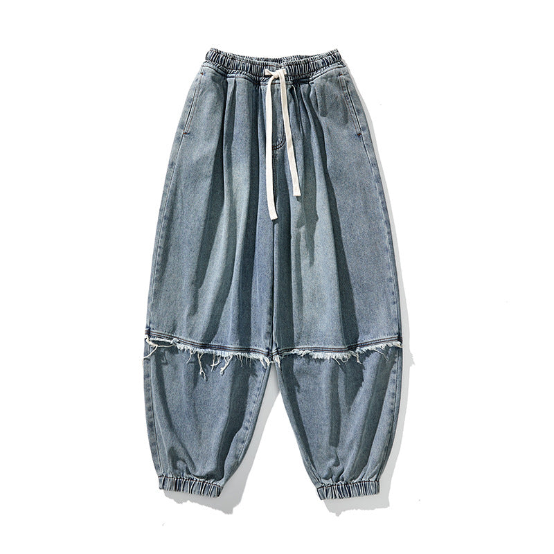 Men Wide-cut Baggy Denim Pants with Drawstring, Elastic Leg Openings and Fringed Detail Chichicherry