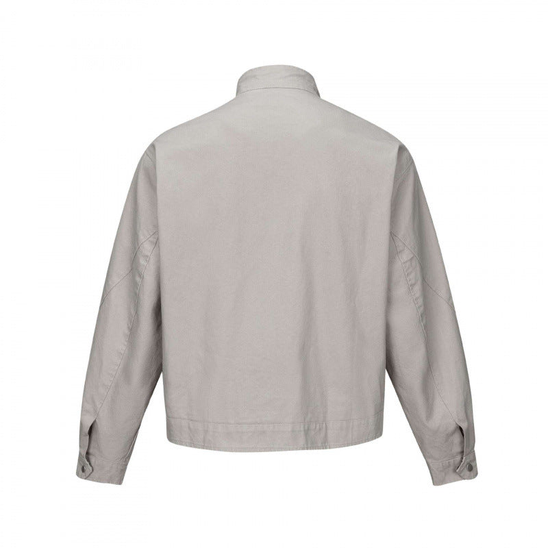 Men's cropped canvas blouson jacket with stand-up collar, zippered pockets, and checkered lining Chichicherry