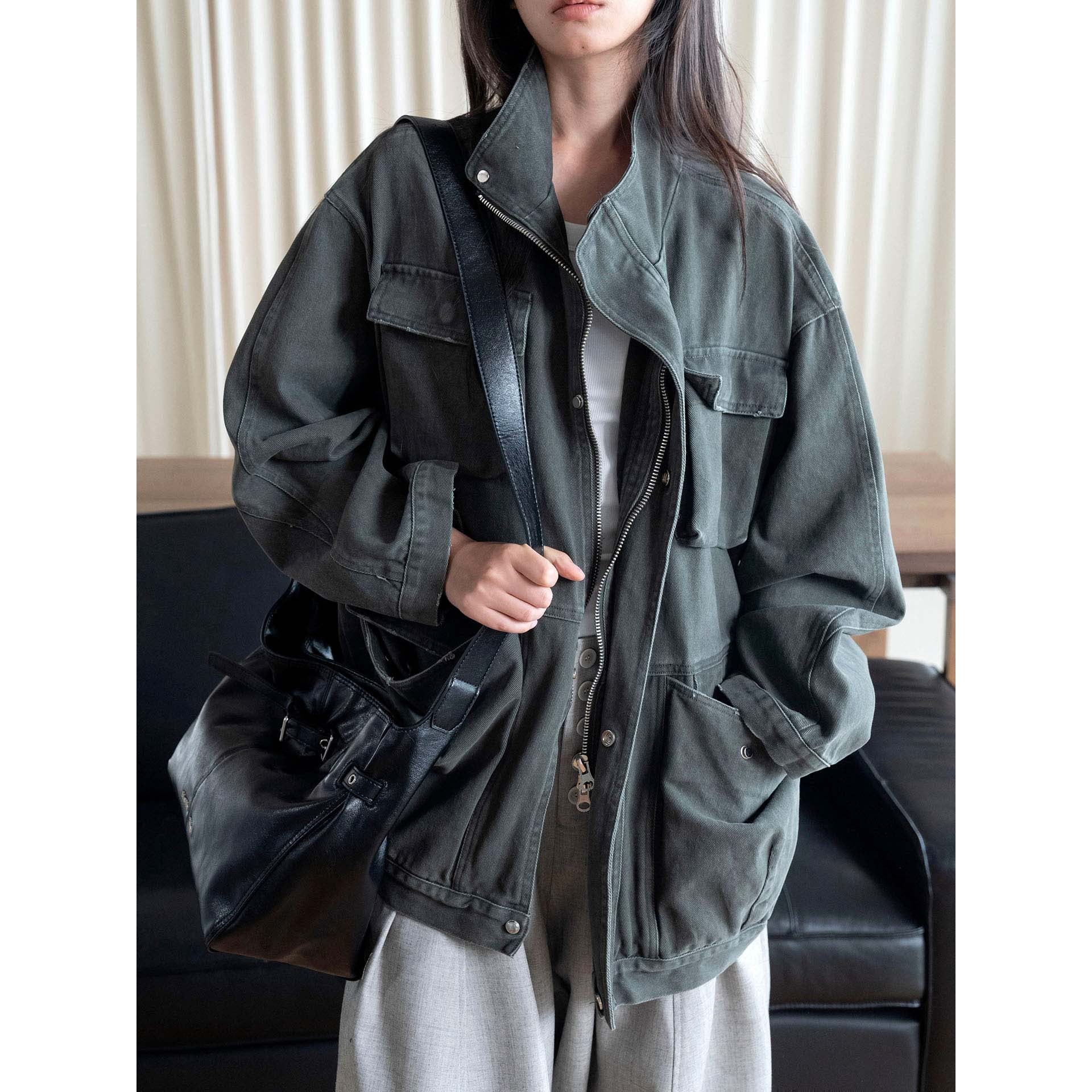 Women's Oversized Field Jacket made of sturdy canvas with a high collar and patch pockets Chichicherry
