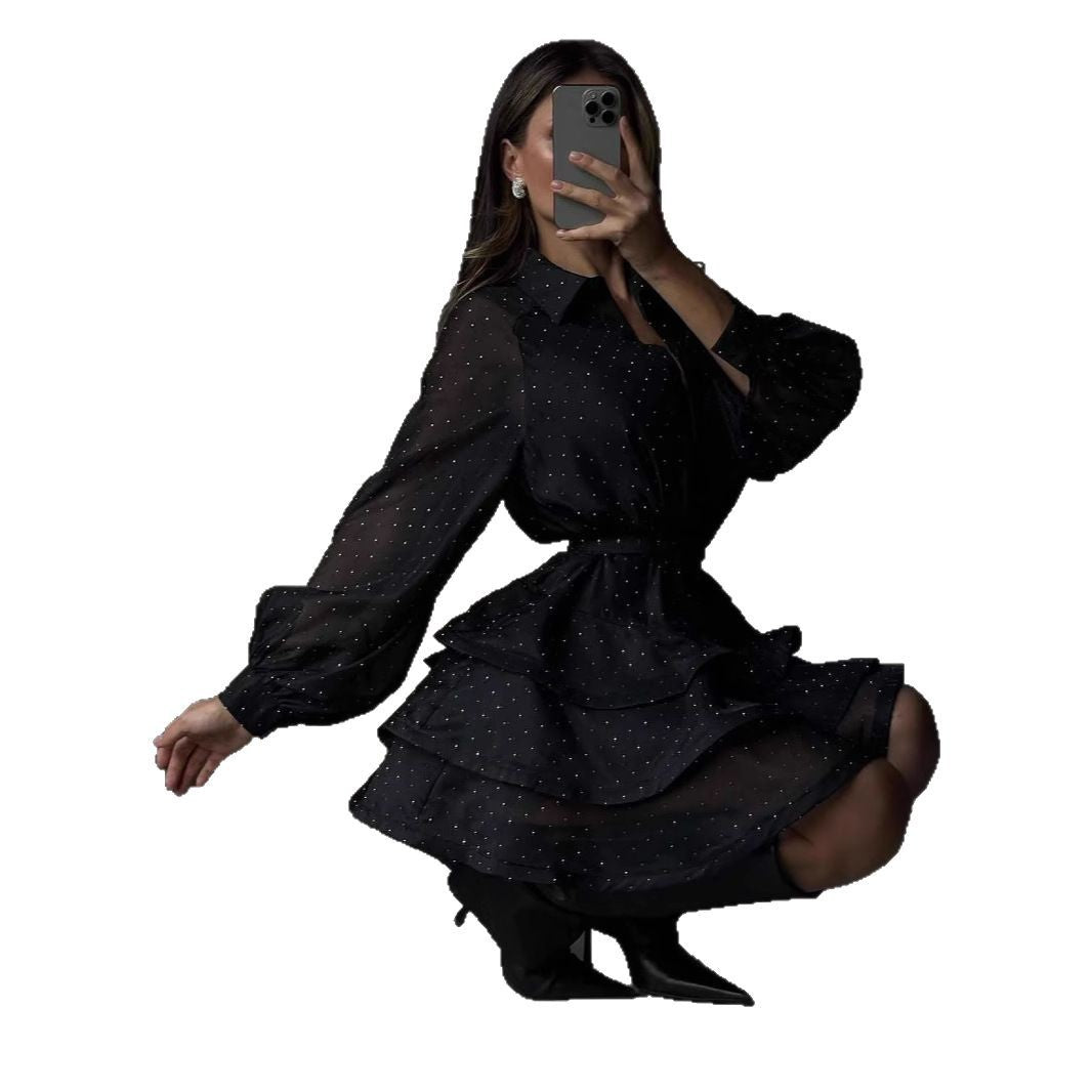 Women Transparent Ruffle Mini Dress with Shirt Collar, Balloon Sleeves and Waist Belt Chichicherry