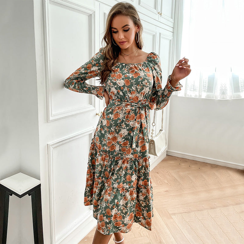 Women's midi dress with square neckline, puff sleeves, and waist lacing Chichicherry
