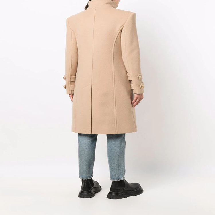 Ladies Elegant Wool Blend Long Coat in Marine Inspired Double Breasted with Oversized Shawl Collar and Decorative Sleeves Chichicherry