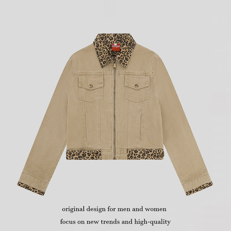 Women’s Short Cut Denim Trucker Jacket with Leopard Contrast Collar and Cuffed Sleeves Chichicherry