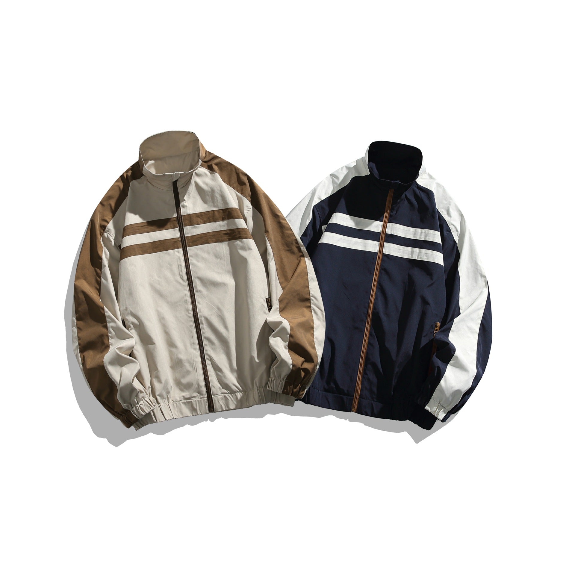 Unisex Sportive Track Jacket in Retro Windbreaker Design with Stand-Up Collar and Contrast Stripes Chichicherry