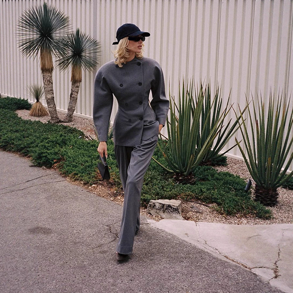 Women's Tailored Double-Breasted Blazer with Asymmetric Closure and Pleated Pants Chichicherry