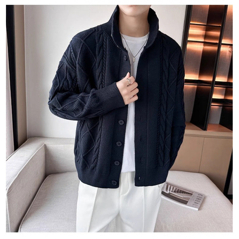 Herren Lockere Strick-Cardigan mit hohem Stehkragen und Zopfmuster Chichicherry