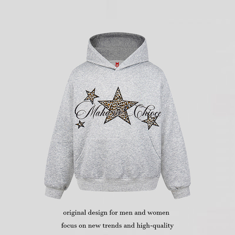 Women's Oversized Hoodie with Kangaroo Pocket and Leo-Star Print Chichicherry